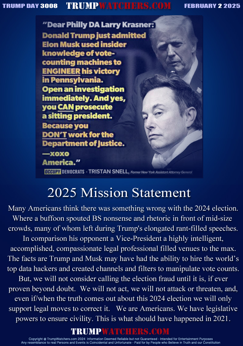 Many Americans think there was something wrong with the 2024 election.
Where a buffoon spouted BS nonsense and rhetoric in front of mid-size 
crowds, many of whom left during Trump's elongated rant-filled speeches.
In comparison his opponent a Vice-President a highly intelligent,
accomplished, compassionate legal professional filled venues to the max.
The facts are Trump and Musk may have had the ability to hire the world’s
top data hackers and created channels and filters to manipulate vote counts.
But, we will not consider calling the election fraud until it is, if ever
proven beyond doubt.  We will not act, we will not attack or threaten, and,
even if/when the truth comes out about this 2024 election we will only
support legal moves to correct it.   We are Americans. We have legislative
powers to ensure civility. This is what should have happened in 2021.